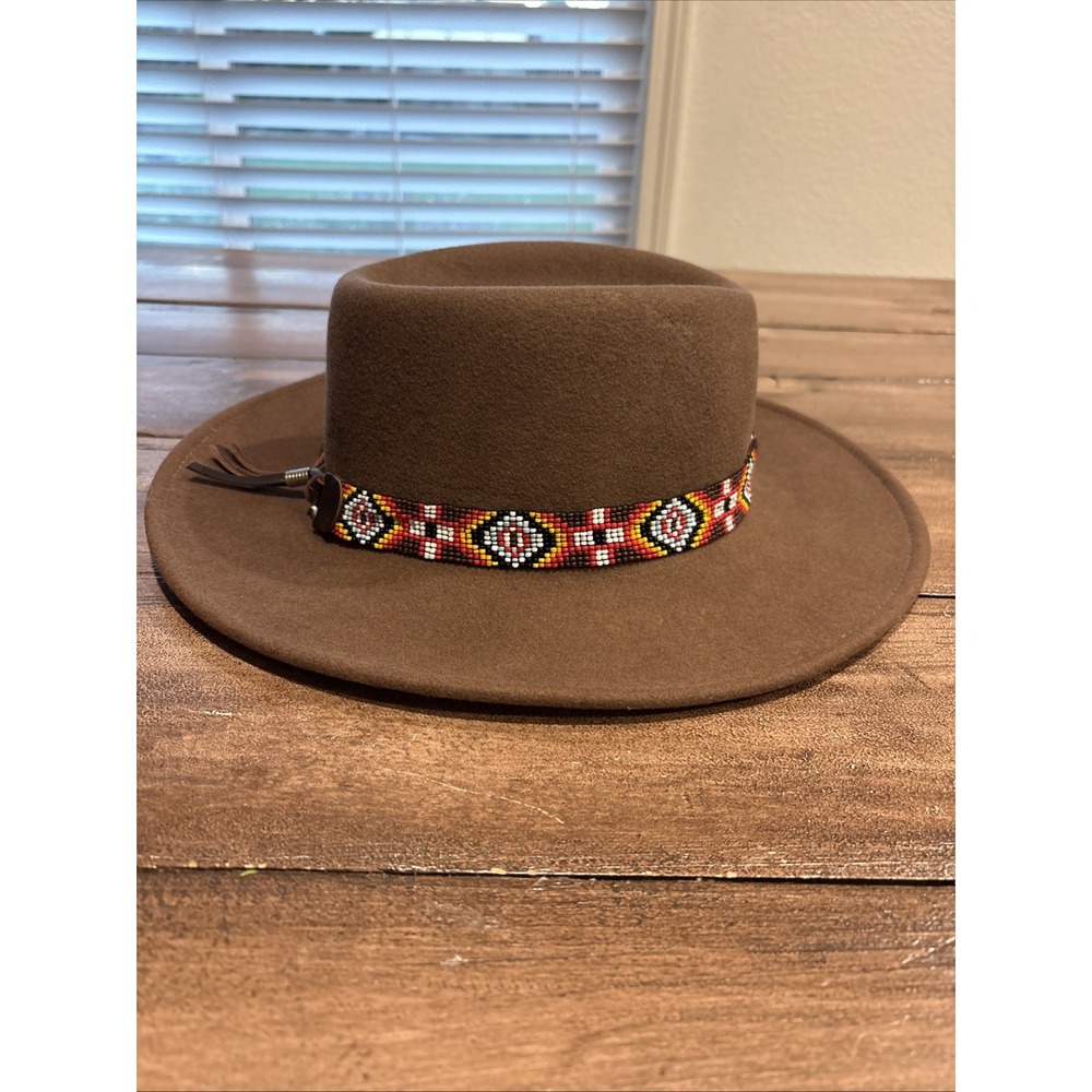 Vintage Minnetonka 100% Wool Lite Felt Hat Medium USA Brown Beaded Band Western